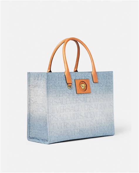 versace appliquéd leather tote|Versace denim tote bag.